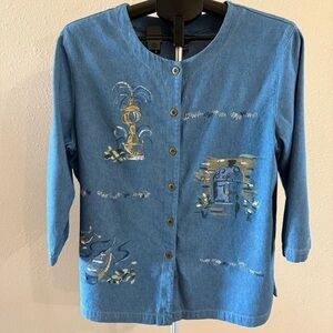 Vintage Koret Denim Shirt Embroidery Art to Wear Embellished Beads Size Large